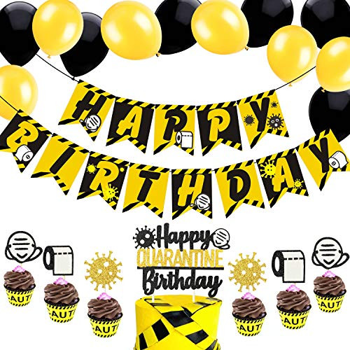 Quarantine Birthday Party Banner Supplies Set Happy Birthday Cake Topper and Cupcake Toppers Social Distancing Stay Home Birthday Decorations Kids