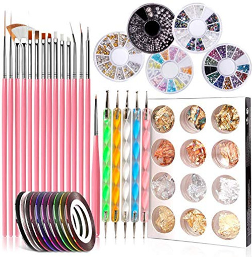GOTONE 47pcs Nail Art Design Set Nail Art Tool with 15pcs Nail Painting Brushes 5pcs Dotting Pen 10pcs nail striping tape 5 Boxes Rhinestones  12 Pots Nail Foil Sticker for Nail Art