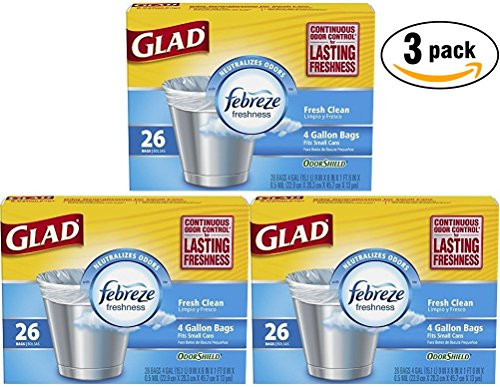 Glad Small Garbage Bags with Odor Shield, 4 Gallon 26 bags (Pack of 3)