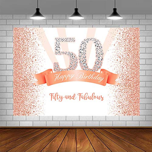 Sweet Rose Pink Happy 50th Birthday Party Photography Backdrop Gold Dots Background for Adult Women Party Decorations Shining Diamond Number Fifty Years Old Photo Booth Props 5x3ft