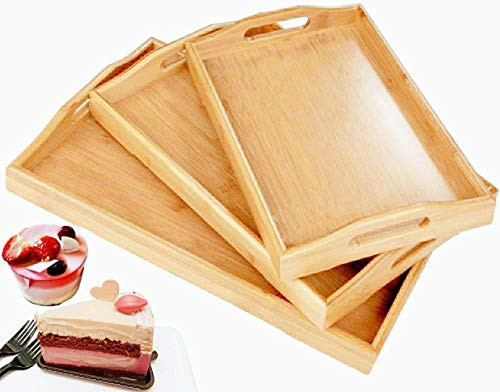 Serving Tray with Handles Wood Serving Tray Bamboo Serving Tray for Ottoman Food Breakfast Dinner Coffee Table Party Restaurants Decor Set of 3