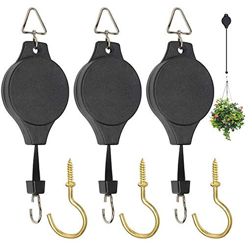 XERGUR 3 Pack Plant Pulley Retractable Hanger Adjustable Heavy Duty Plant Hangers Flower Baskets Hooks for Hanging Baskets Bird Feeder with 3 PCS Gold Ceiling Plant Hooks