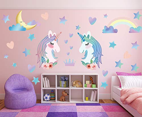 Unicorn Wall Decal Stickers Large Size Unicorn Rainbow Wall Decor for Girls Kids Bedroom Nursery Christmas Birthday Party Decoration