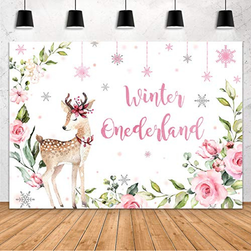 Aperturee 7x5ft Winter Onederland Backdrop Pink Flowers Little Deer Snowflak Baby Girls 1st First Christmas Birthday Photography Background Holiday Party Decoration Photo Booth Studio Banner Decor