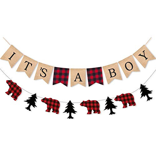 SWYOUN Burlap Its A Boy Banner Lumberjack Theme Baby Shower Party Woodland Birthday Party Garland Decoration Supplies