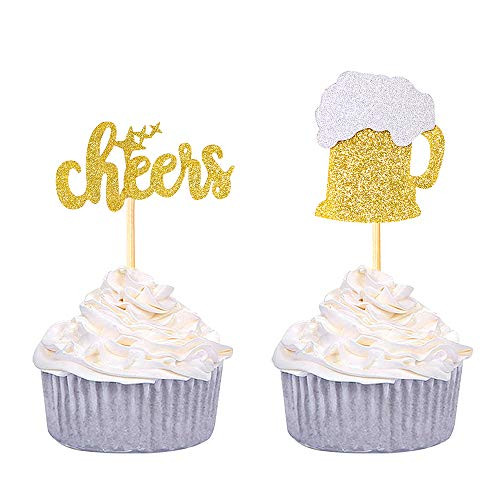 Beer Cupcake Toppers?Since1989 24 PCS Gold Glitter Beer Mug Cupcake Toppers Food Cake Picks Party Decor