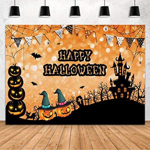 Aperturee Happy Halloween Backdrop 7x5ft Jack OLantern Pumpkin Lantern Scary Castle Magic Hat Bat Spider Bokeh Photography Background Party Decorations Cake Table Banner Photo Studio Booth Banner