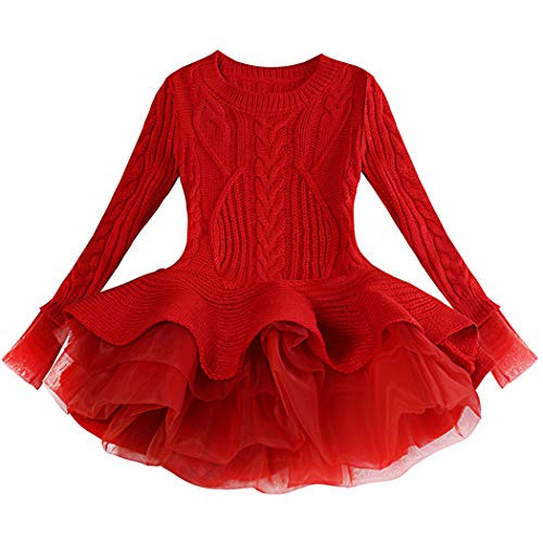 Generic Christmas Sweater Dresses for Girls Ruffle Sweater Long Sleeves Tutu Dress Stitching Knitting Pullover Tops for Kids Red140