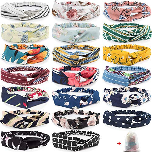 20 Pcs Boho Headbands for Women EAONE Floral Bandeau Headbands Elastic Hair Bands Criss Cross Hair Wrap Hair Accessories with 1PC Pouch Bag