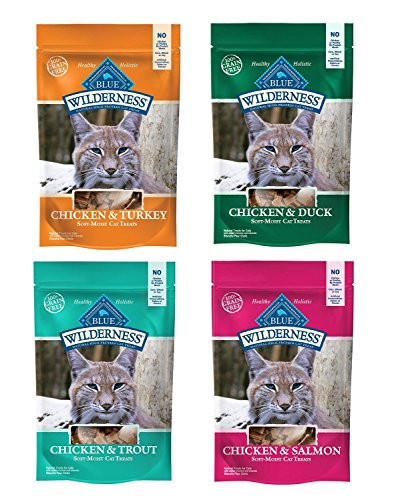 Blue Buffalo Wilderness SoftMoist GrainFree Cat Treats Variety Pack  4 Flavors Chicken  Duck Chicken  Trout Chicken  Salmon and Chicken  Turkey  2 Oz Each 4 Total Pouches