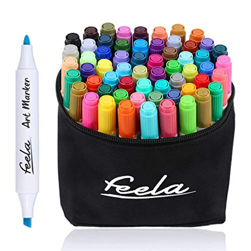 Feela 60 Colors Dual Tips Art Twin Markers Marker Pens Highlighters with Case for Painting Coloring Sketching Highlighting