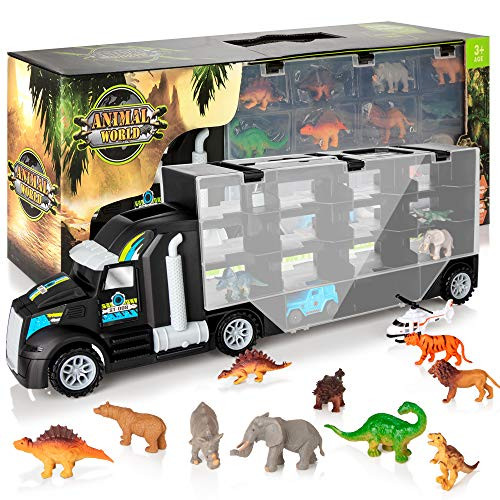 KIDWILL Dinosaur Transport Truck Carrier Toy Car with Dinosaurs Wild Life Car Helicopter Portable Handle Best Dinosaur Toy for Boys Girls Age 3Black