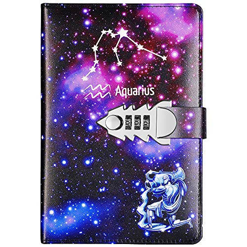 JunShop Locking Diary Combination Lock Journal Constellation Writing Diary A5 Starry Sky Lock Leather Notebook Aquarius
