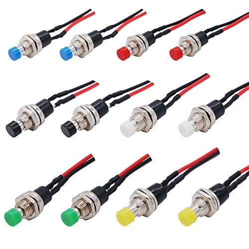 Twidec12Pcs 1A 250V AC 2 Pins SPST 6 Colors Normal Open Mini Momentary Push Button Switch with Presoldered Wires PBS110X6C
