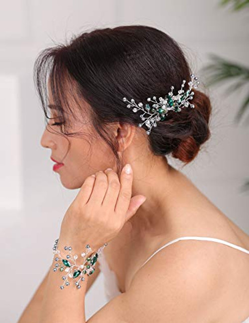 Denifery 2pcs Emerald Hairpiece Emerald Bridal Set Green Crystal Hair Comb Hair Clip Emerald Green Wrist Decoration Wedding Hair Accessories headband and wristband
