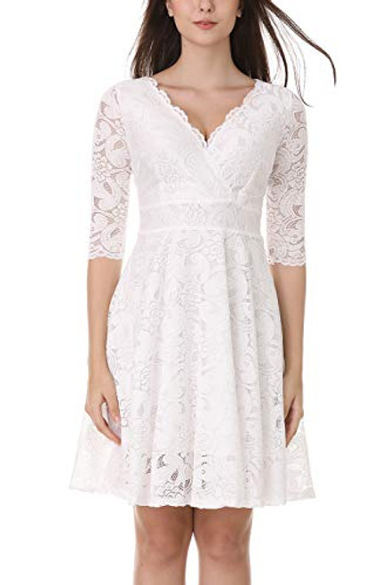 Women Floral Lace Bridesmaid Party Dress Short Prom Dress Deep V Neck Midi Cocktail Dress for Women Party Wedding White