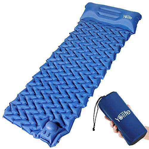 Yolife AirExpect Camping Sleeping Pad with Builtin Pump Upgraded Inflatable Camping Mat with Pillow for Backpacking Traveling Hiking Durable Waterproof Compact Ultralight Hiking Pad Blue