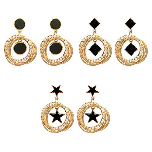 Shuxy 3 Pairs Vintage Earring Crystal Stud Earring Set Alloy Earrings MultiLayer Earring Earring Suit Zircon Earrings Stud Circle Pentagram Rhombus Pendant Earrings Charm Jewelry for Women Girls