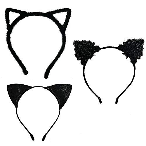 3PCS Cat Ears Headband Glitter Hairband Furry Lace Hair Hoops Cosplay Headwear Hair Accessories Birthday Party Gift Black