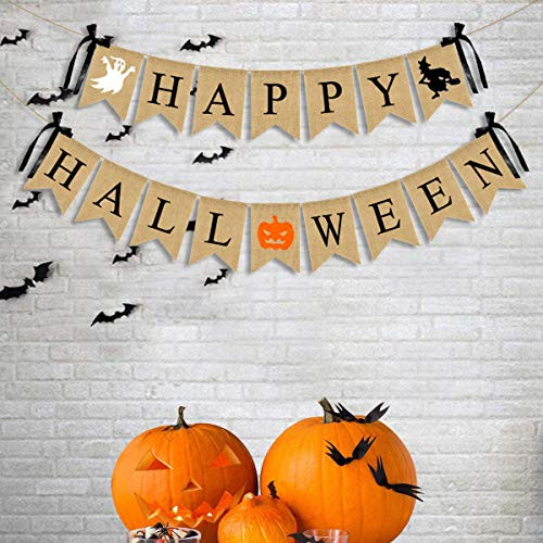 JOZON Happy Halloween Burlap Banner Halloween Bunting Banner Garland with Ghost Witch Pumpkin Sign for Halloween Party Decorations Halloween Decor for Mantle Fireplace Wall Party Supplies