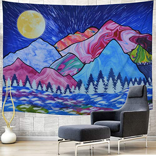 Blue Cartoon Tapestry Colorful Mountain Tapestry Moon Tapestry Forest Wave Tapestry Psychedelic Trippy Nature Landscape Tapestry Wall Hanging for Kids Living Room