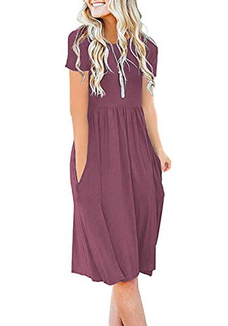 DB MOON Women Summer Casual Short Sleeve Dresses Empire Waist Dress with Pockets Mauve L DB MOON Women Summer Casual Short Sleeve Dresses Empire Waist Dress with Pockets Mauve L