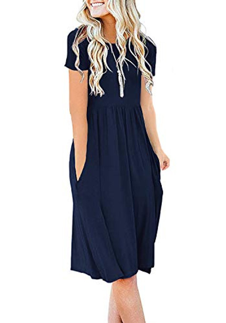 DB MOON Women Summer Casual Short Sleeve Dresses Empire Waist Dress with Pockets Navy Blue L DB MOON Women Summer Casual Short Sleeve Dresses Empire Waist Dress with Pockets Navy Blue L