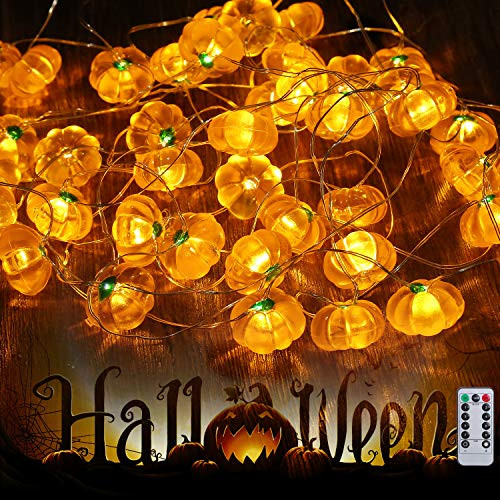 Halloween String Lights Orange Pumpkin String Lights with 40 LED Battery Operated Halloween Lights for Outdoor Indoor Decorations Remote Control Lights String for Halloween Party Path Lights