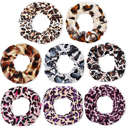 Leopard Scrunchie Hair Ties Leopard Print Scrunchies Premium Velvet Scarf Elastics Hair Bands Messy Bun Hair Piece Scrunchie Ropes for Women or Girls Pack of 8