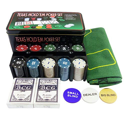 Poker Chip Set for Texas Holdem Blackjack Casino Gambling with 200 Poker Chips Set  Card Game Table Cloth  2 Decks Cards  Dealer Button in Aluminum Case for Playing Game Family Friends Party