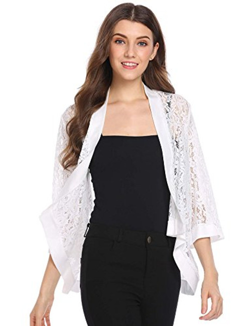 Grabsa Womens 3 4 Sleeve Lace Cardigan Sheer Jacket Crochet Cover up White