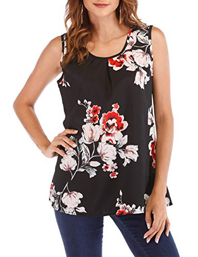 Womens Plus Size Sleeveless Floral Print Loose Casual Tunic Tank Top Round Neck Chiffon Blouse Top Black 3XL