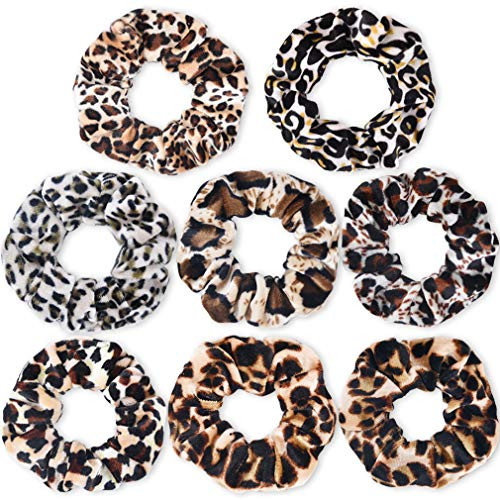 Leopard Scrunchie Hair Ties Leopard Print Scrunchies Velvet Scarf Elastics Hair Bands Ropes for Women or Girls Ponytail Holder Accessories Pack of 8