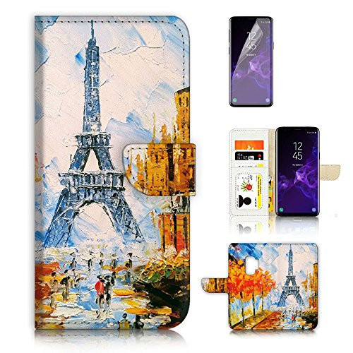 for Samsung Galaxy S9 Flip Wallet Style Case Cover Shock Protection Design with Screen Protector  A31077 Eiffel Tower