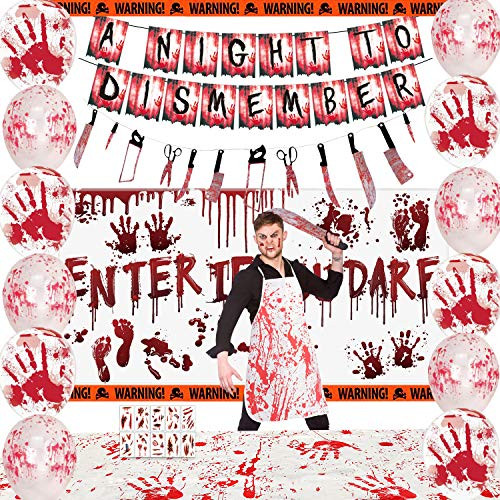 NAIWOXI Scary Halloween Decorations  Bloody Halloween Party Decorations Kit Including Bloody Backdrop Banner Garland Tablecloth Tattoos Apron Caution Tape Balloons Scary Halloween Party Supplies for Indoor and outdoor