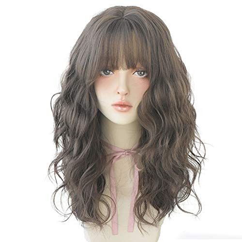 HUAISU Long Brown Wavy Wig with Bangs Synthetic High Density Natural Long Hair Wig Full Wig for Women Cosplay Curly Wig 21inch Cold brown
