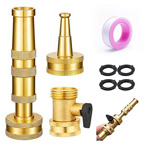 NITIDSKY Garden Hose Nozzle and Hose Shut Off Valve Kit 4 2 HeavyDuty Brass Hose Nozzle and Brass Garden Hose Shut Off Valve with 4 Garden Hose Rubber Washers 1 Thread Seal Tape