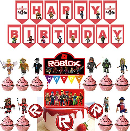 28pcs Roblox Party Supplies for Roblox Game Theme Happy Birthday Party Banner Decorations for Roblox Birthday Cupcake Topper