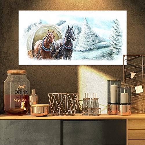 Painted Scene with Horses in Winter Landscape on Canvas Art Wall Photgraphy Artwork Print
