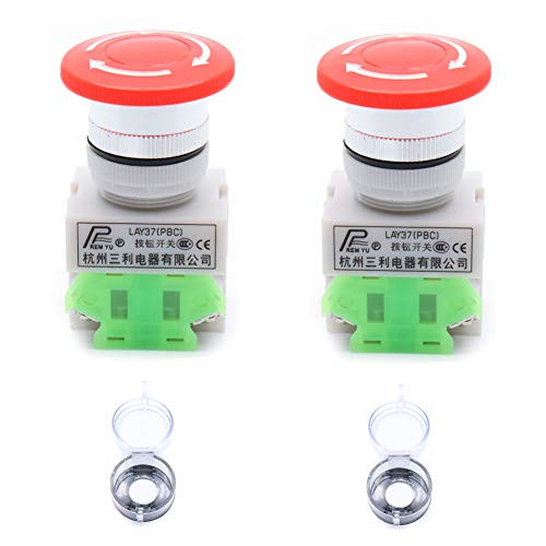 Yohii 2Pcs 22mm DPST Switch Mounting Hole Latching Emergency Stop Push Button Switch with Waterproof Cover 1NO 1NC