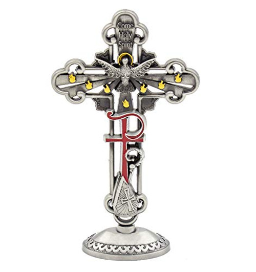 Holy Spirit 6H Silver Metal Tabletop Confirmation Sacramental Standing Cross with Red and Gold Details Features a Flying Holy Dove Granting the Seven Holy Gifts on the Center Holy Spirit 6H Silver Metal Tabletop Confirmation Sacramental Standing Cross with Red and Gold Details Features a Flying Holy Dove Granting the Seven Holy Gifts on the Center