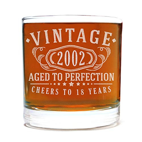 Vintage 2002 Etched 11oz Whiskey Rocks Glass 18th Birthday Aged to Perfection 18 years old gifts Bourbon Scotch Lowball Old Fashioned Vintage 2002 Etched 11oz Whiskey Rocks Glass 18th Birthday Aged to Perfection 18 years old gifts Bourbon Scotch Lowball Old Fashioned