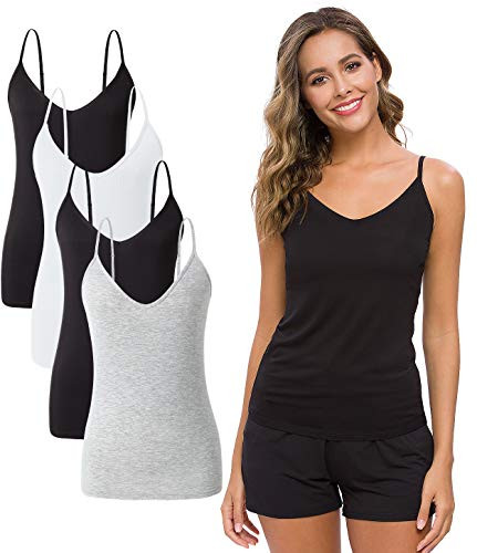 Xelky Womens V Neck Camisole Lightweight Tank Tops Adjustable Spaghetti Strap Undershirts Stretch Soft Tanks Basic Plain cami 4 Pack BlackWhiteBlackGray S