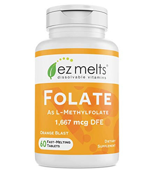 EZ Melts Folate as L5Methylfolate 1667 mcg DFE Sublingual Vitamins Vegan Zero Sugar Natural Orange Flavor 60 Fast Dissolve Tablets