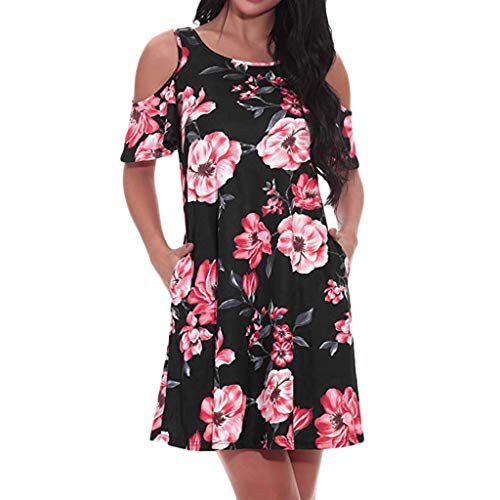 Church Dresses for WomenTanst Sky Flowy Dress Timeless Cold Shoulder Short Sleeve Cute Outfits Stylish Round Neck Floral Print Long Tunics Knee Length Trendy Clothes with Pockets Black Flowers Medium