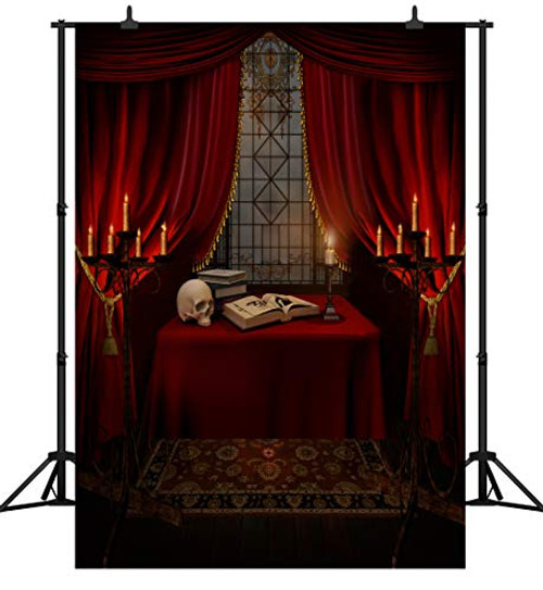 CapiSco Halloween Backdrop Nightmare Before Christmas Backgrounds for Child Adult Women Portrait Indoor Night Antique Study Red Curtain Terror Skull Old Candlestick Photo Studio Backdrop 6X8FT SCO87B