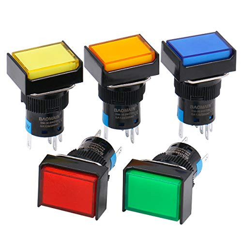 Baomain 16mm Push Button Switch Latching Rectangular Cap LED Lamp Red Yellow Orange Blue Green Light DC 12V SPDT 5 Pin 5 Pack