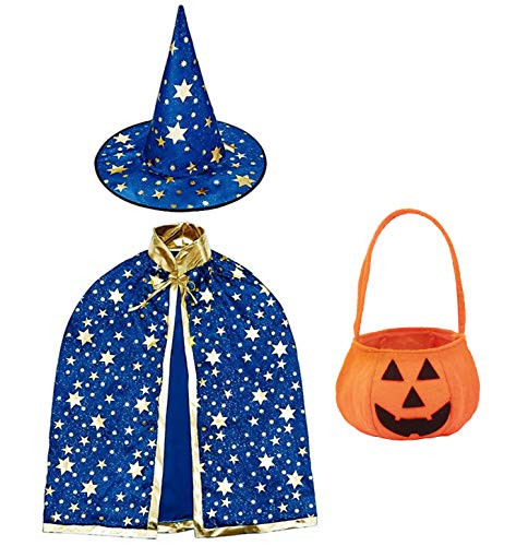 Halloween Costume Wizard Cape Witch Cloak with Hat with Stay Pattern and Pumpkin Pocket Childrens Role Play Party Blue