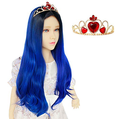Anogol Wig  1 Red Crown  Long Wavy Dark Bule Wig forKidsComic Middle Part Synthetic Wig for Movie