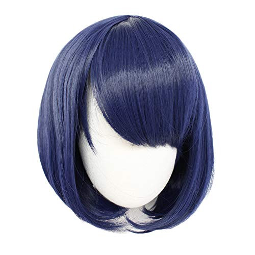 Anogol Hair Cap Blue Cosplay Wig with Bangs short Natural Wavy Bob Wigs for Girls Blue Wigs for Japanese Anime